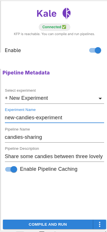 The side panel with pipeline name, experiment, and description fields filled out.