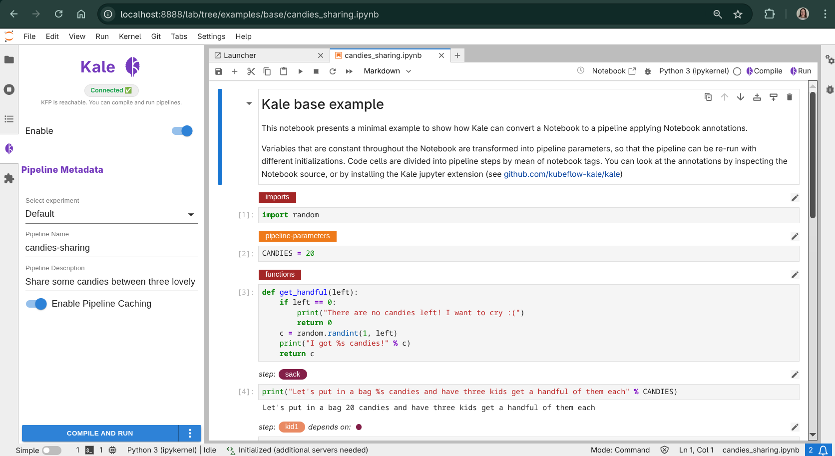 The Kale side panel expanded on the left, showing the pipeline metadata fields (name, description, experiment).