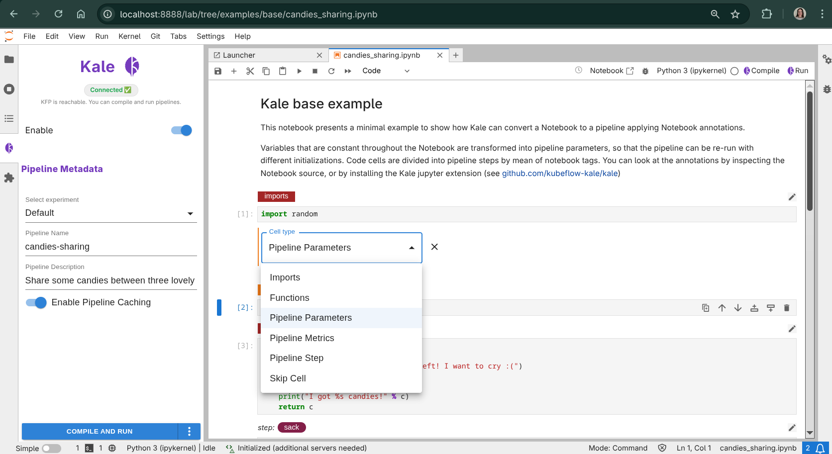 Notebook cells with the Kale tag dropdowns visible (imports / pipeline parameters / step).